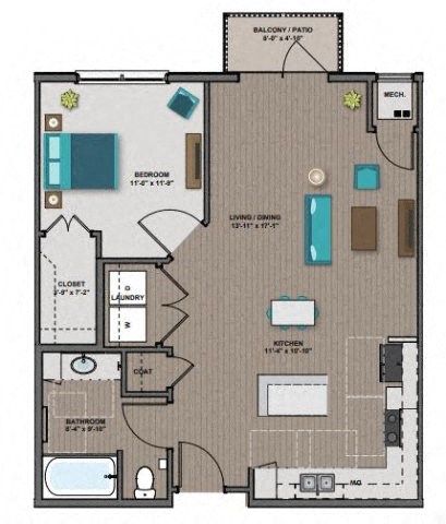 Floor plan for 1 bed, 1 bath, 752 sqft